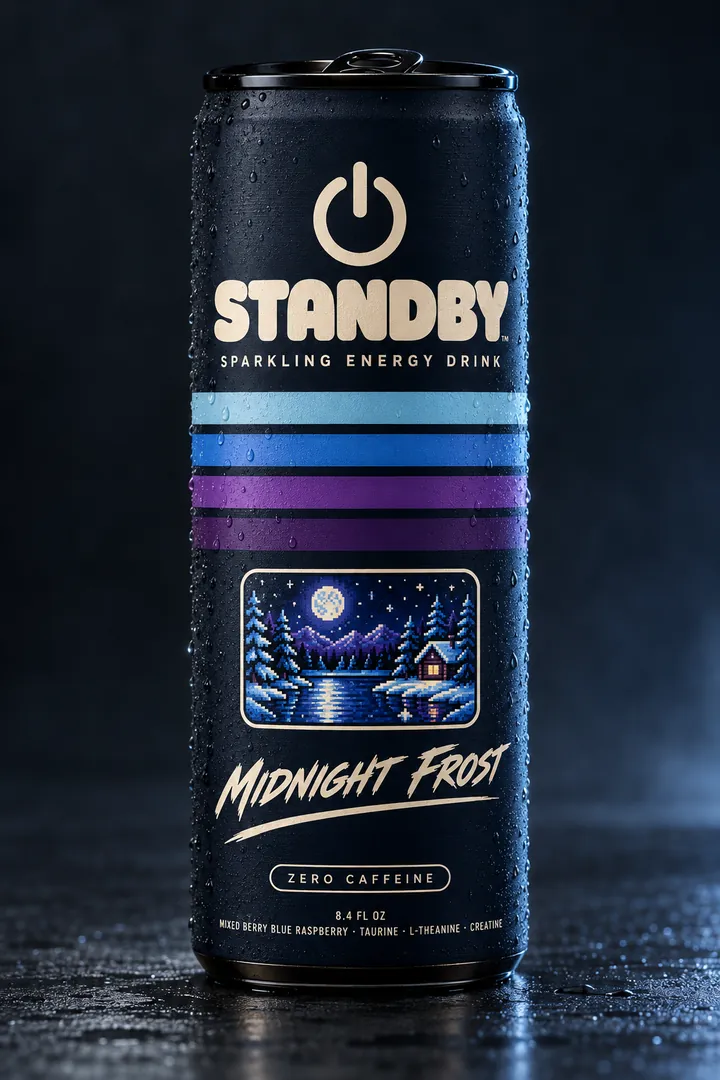 A cold Standby Midnight Frost can covered in condensation